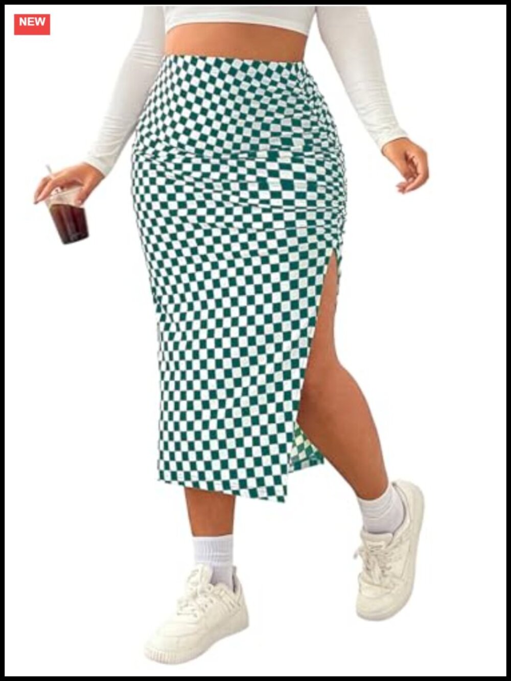 Plus Size Checkered Split Midi High Waist Pencil Skirt